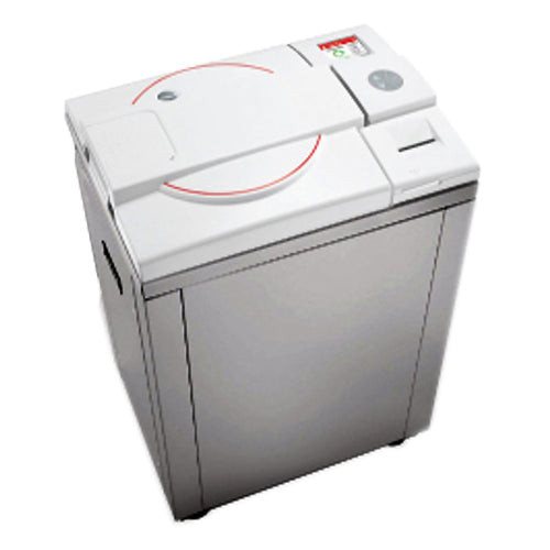 A Tuttnauer D-Line 2840ELV 31L vertical laboratory autoclave, predominantly gray in color, with a visible control panel on the top.