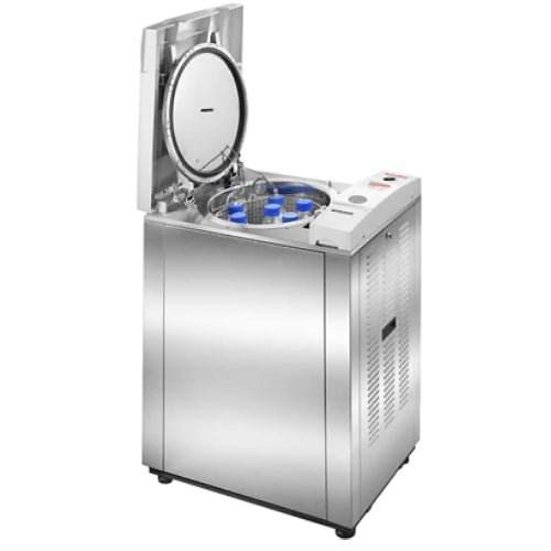 A Tuttnauer D-Line 2840ELV 31L vertical laboratory autoclave, predominantly gray in color, with a visible control panel on the top.