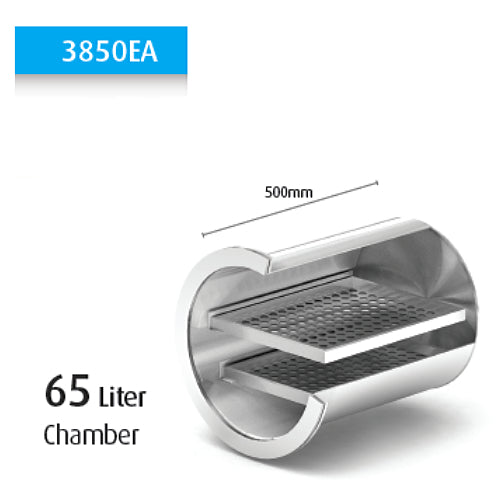 Cutaway diagram of the Tuttnauer 3850EA 65-liter autoclave chamber showing two perforated trays and a 500mm chamber depth.