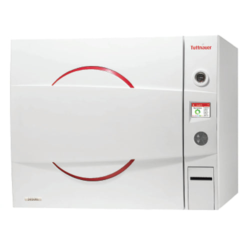 Tuttnauer D-Line 3870EA - 85L Tabletop Autoclave, white with a red stripe, showing the front view with the brand logo, a digital display, and a door handle.