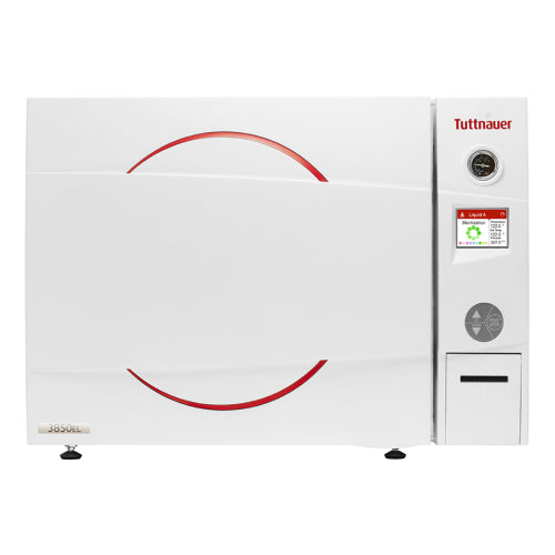 A white Tuttnauer 65L benchtop autoclave with a front-loading door, control panel on the right side, and red circular graphics on the front.