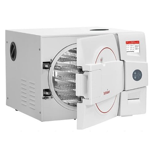 A white Tuttnauer 65L benchtop autoclave with a front-loading door, control panel on the right side, and red circular graphics on the front.