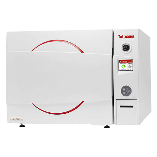 A white Tuttnauer 85L benchtop autoclave with a red stripe and control panel, designed for laboratory use.