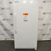 Upright white VWR general purpose laboratory freezer with warning label