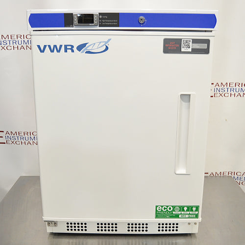 A white VWR undercounter laboratory freezer with a blue stripe on top, featuring a single door and control panel.