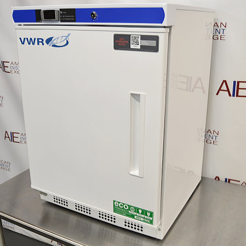 A white VWR undercounter laboratory freezer with a blue stripe on top, featuring a single door and control panel.