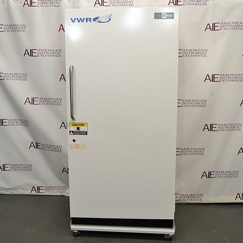 Front view of a VWR Model MFV-30 laboratory freezer on casters with a white door and vertical handle.