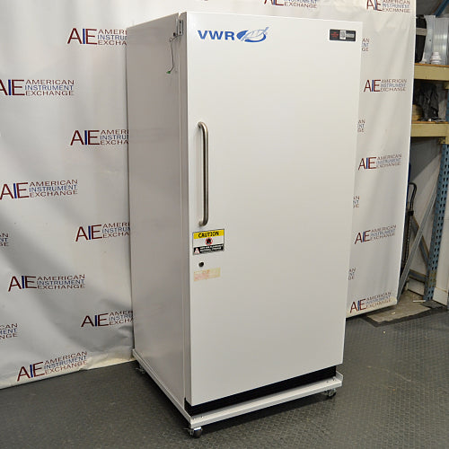 Front view of a VWR Model MFV-30 laboratory freezer on casters with a white door and vertical handle.