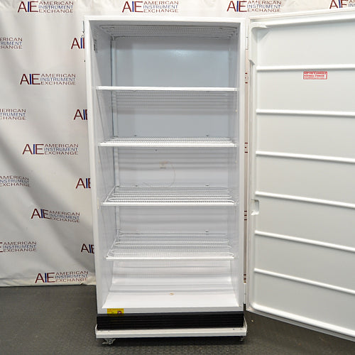 a VWR Model MFV-30 laboratory freezer on casters with a white door and vertical handle.