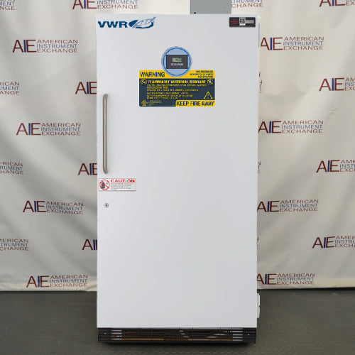 A white VWR Plus FFP-30 Flammable Storage Laboratory Freezer with a digital touchpad display, positioned in front of a branded backdrop.
