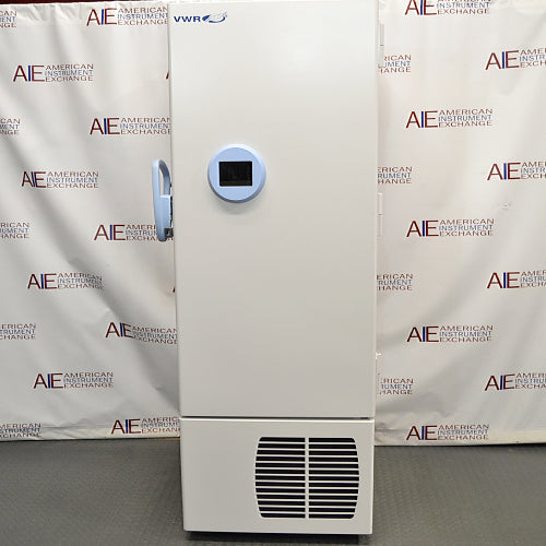 A white VWR ultralow temperature freezer with a digital display on the front. The unit appears to be standing in a warehouse setting with a branded backdrop.