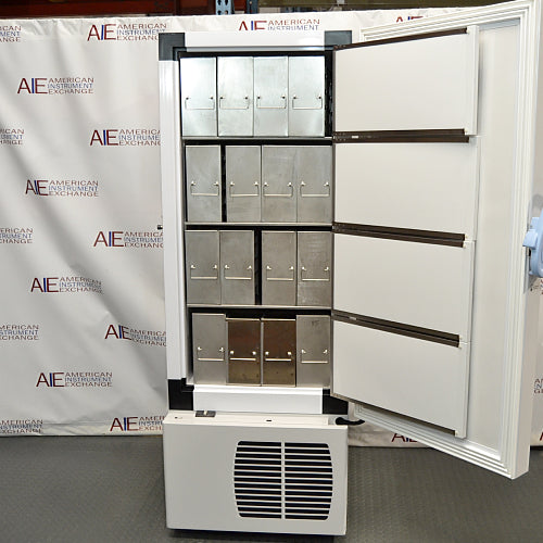 A white VWR ultralow temperature freezer with a digital display on the front. The unit appears to be standing in a warehouse setting with a branded backdrop.