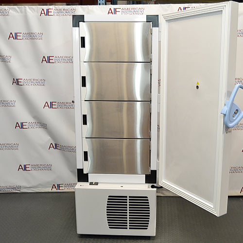 A white VWR ultralow temperature freezer with a digital display on the front. The unit appears to be standing in a warehouse setting with a branded backdrop.