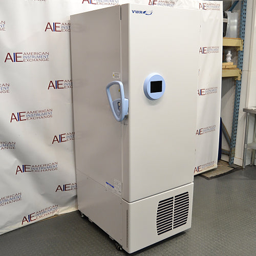 A white VWR ultralow temperature freezer with a digital display on the front. The unit appears to be standing in a warehouse setting with a branded backdrop.