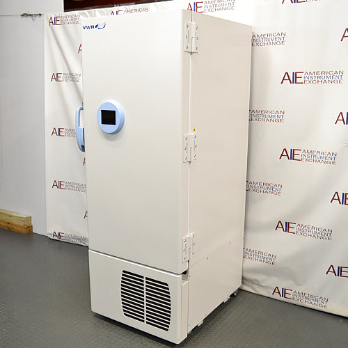 A white VWR ultralow temperature freezer with a digital display on the front. The unit appears to be standing in a warehouse setting with a branded backdrop.