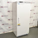 Front angled perspective view of an ABS -20C standard laboratory freezer, showcasing its white cabinet housing, solid locking door with a recessed vertical handle, American Biotech Supply branding, and a bottom ventilation grille