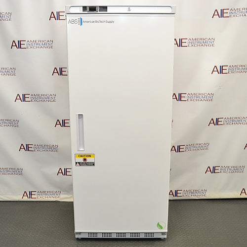 Front eye-level view of an ABS -20C standard laboratory freezer, featuring a white cabinet body, a solid locking door with a built-in vertical handle, American Biotech Supply branding, and a bottom ventilation grille