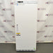 Front eye-level view of an ABS -20C standard laboratory freezer, featuring a white cabinet body, a solid locking door with a built-in vertical handle, American Biotech Supply branding, and a bottom ventilation grille