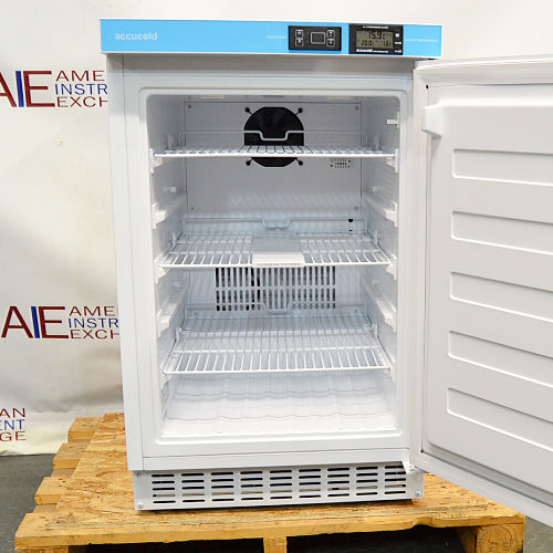 Front view of an AccuCold ACR45L undercounter healthcare all-refrigerator with its door open, revealing the interior wire shelving, internal circulation fan, and upper blue control console