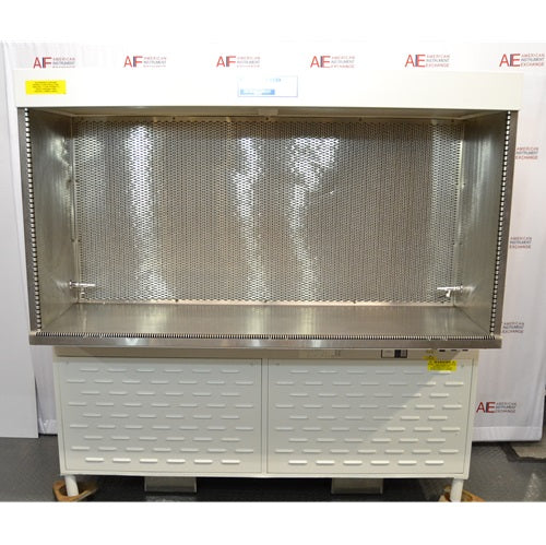 Front view of Baker Edgegard EG6320 horizontal laminar flow clean bench showing interior stainless steel work surface, back HEPA filter diffuser screen, and lower white support cabinet