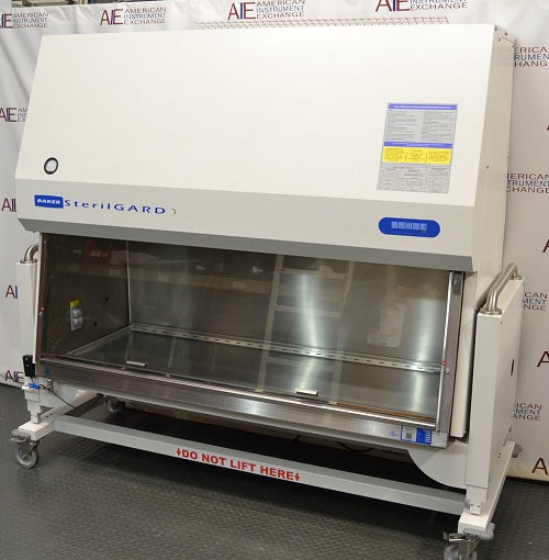 Right angled perspective view of a Baker SterilGARD e3 SG604 biosafety cabinet on a rolling stand displaying the side panel, front glass sash, and upper housing with pressure gauge
