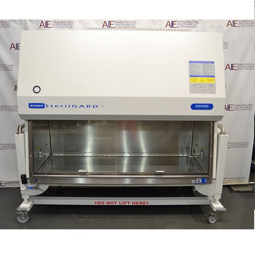 Front eye-level view of a Baker SterilGARD e3 SG604 biosafety cabinet on a rolling stand featuring a stainless steel work surface and upper housing with pressure gauge