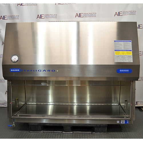 Front product view of a Baker SterilGARD e3 SG604 stainless steel biosafety cabinet, featuring heavy-duty stainless steel construction, a large open work access area, side pressure gauge, and blue branding badges
