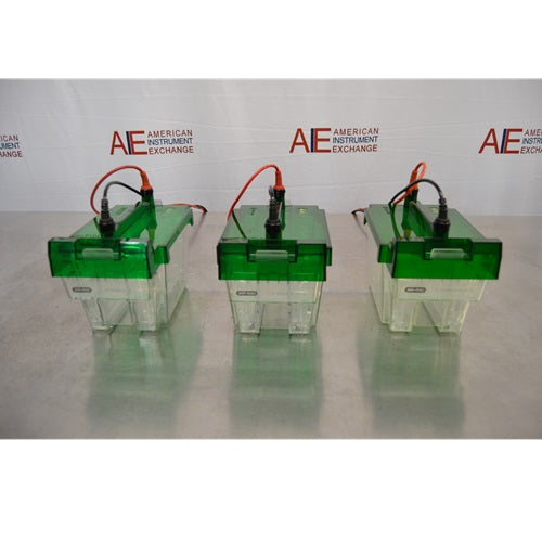 Three Bio-Rad Criterion Cell gel electrophoresis tanks lined up side by side with clear plastic bases, green tinted lids, and attached power leads