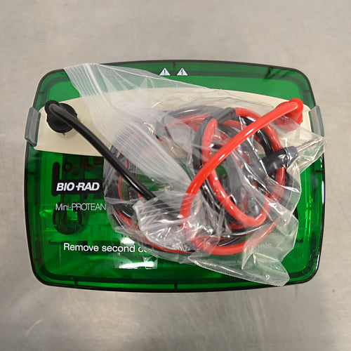 Top-down view of a Bio-Rad Mini-PROTEAN Tetra Cell electrophoresis system, showing the green safety lid with visible branding and coiled power cables wrapped in plastic