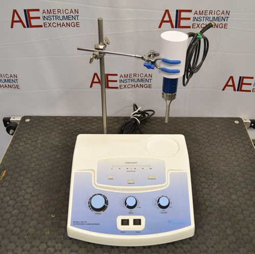 High-angle perspective view of the Biologics Model 300VT Ultrasonic Homogenizer showing its front dial control console and attached stand holding the converter probe and tip