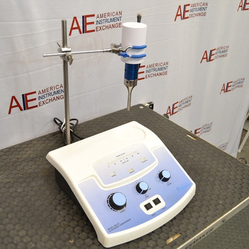 Side perspective view of the Biologics Model 300VT Ultrasonic Homogenizer showing its control panel knobs, stand post, and mounted converter probe assembly