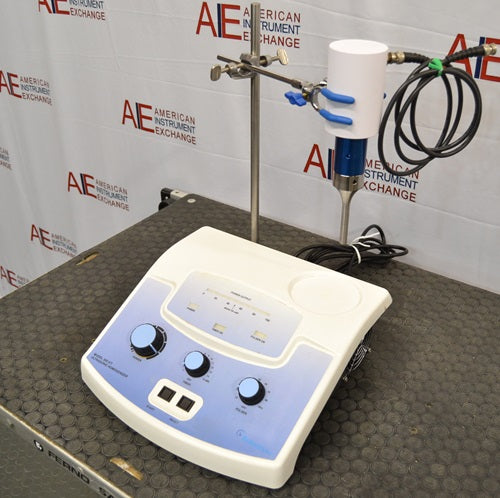 Three-quarter perspective view of the Biologics Model 300VT Ultrasonic Homogenizer highlighting the main control base, support rod, and side-mounted transducer assembly