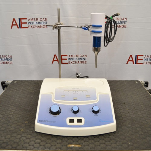 Biologics Model 300VT Ultrasonic Homogenizer system featuring a front control console with adjustment dials and an attached stand holding the ultrasonic converter probe and tip