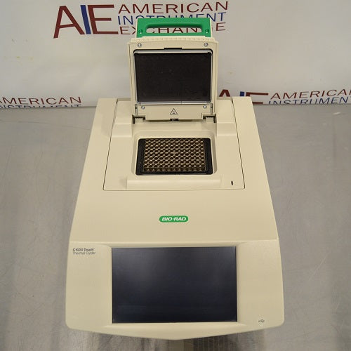 Top-down front perspective view of Bio-Rad C1000 Touch thermal cycler with open 96-deep well reaction module and touchscreen panel