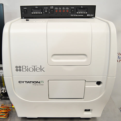 Straight-on front view of a BioTek Cytation 5 cell imaging multimode reader with a top-mounted CO2/O2 gas controller module, featuring its white main body, side access doors, and branded front panel