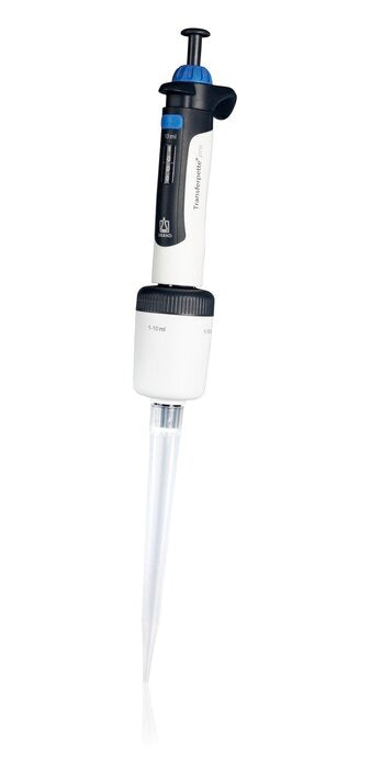 BRANDTECH Transferpette pro single-channel pipette, 1 to 10 mL volume range, white handle with blue accent plunger and large clear pipette tip attached