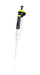BRANDTECH Transferpette pro single-channel pipette, 20 to 200 uL volume range, white handle with yellow accent plunger and yellow disposable pipette tip attached