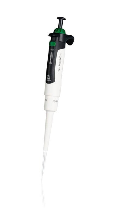 BRANDTECH Transferpette pro single-channel pipette, 30 to 300 uL volume range, white handle with green accent plunger and clear pipette tip attached