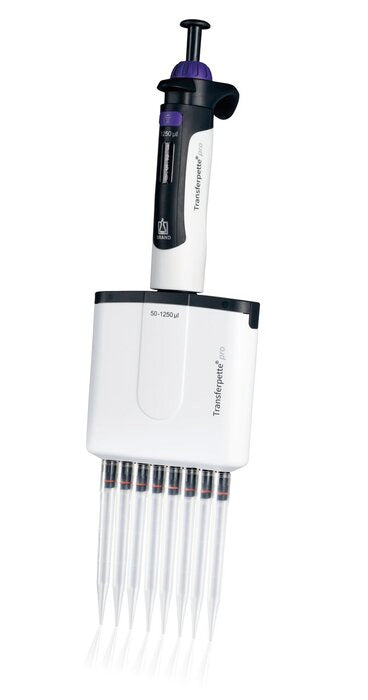 BRANDTECH Transferpette pro 8-channel multichannel pipette, 50 to 1250 uL volume capacity, white handle with purple plunger button and clear disposable tips attache
