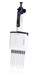 BRANDTECH Transferpette pro 8-channel multichannel pipette, 50 to 1250 uL volume capacity, white handle with purple plunger button and clear disposable tips attache