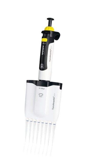 BRANDTECH Transferpette pro 8-channel multichannel pipette, 10 to 100 uL volume range, white handle with yellow accent plunger and clear pipette tips attached