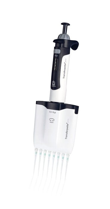 BRANDTECH Transferpette pro 8-channel multichannel pipette, 0.5 to 10 uL micro volume range, white handle with grey accent plunger and clear micropipette tips attached
