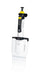 BRANDTECH Transferpette pro 8-channel multichannel pipette, 20 to 200 uL volume range, white handle with yellow accent plunger and clear pipette tips attached