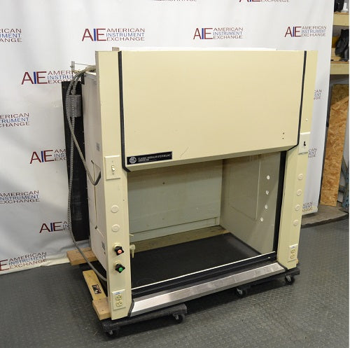 Left angled perspective view of a Classic Modular Systems chemical fume hood on a rolling platform featuring side utility panels and vertical sash