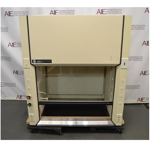 Straight front eye-level view of a Classic Modular Systems chemical fume hood on a rolling platform featuring a vertical sash and lower control fixtures