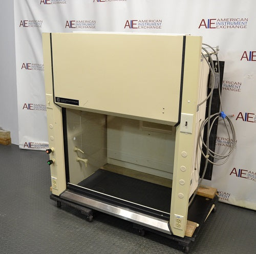 Front perspective view of a Classic Modular Systems chemical fume hood on a rolling platform featuring a vertical sash and internal work surface