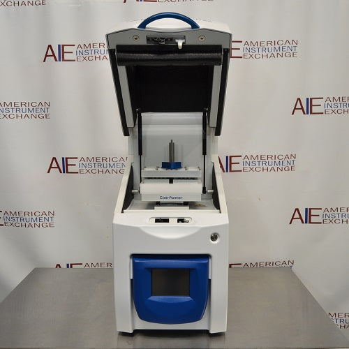Front perspective view of Cole-Parmer Geno Grinder 2010 tissue homogenizer with open lid showing internal grinding clamp assembly and digital control panel