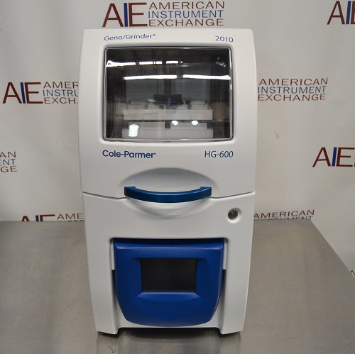 Front perspective view of Cole-Parmer Geno Grinder 2010 tissue homogenizer showing windowed lid chamber and digital control screen