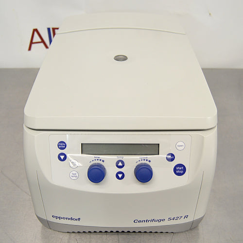 Front product view of an Eppendorf 5427R refrigerated microcentrifuge, featuring a light gray housing, front control panel with digital display screen, dual rotary control knobs, and start/stop push buttons