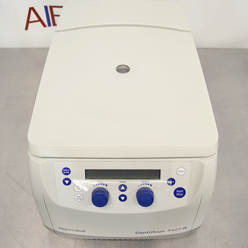 High-angle front product view of an Eppendorf 5427R refrigerated microcentrifuge, showcasing the closed top lid, central viewing port, and front digital operational control panel